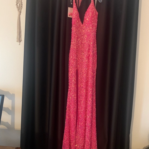 Pink sequin high side slit beaded detail on back of neck & crisscross back